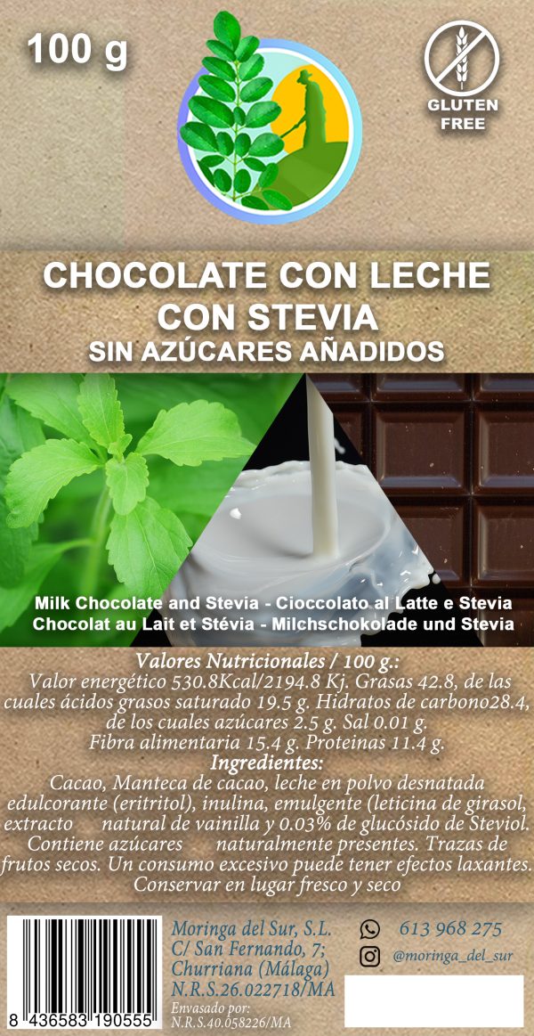 CHOCOLATE+LECHE+STEVIA MORINGA DEL SUR, STEVIA BIO, EDULCORANTE NATURAL
